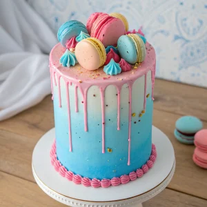 Blue buttercream cake with pink ganache drip, macarons, and meringues – Cape to Cake