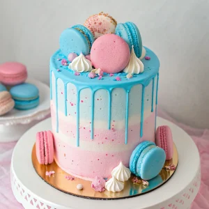 Pink buttercream cake with blue ganache drip, macarons, and meringues – Cape to Cake