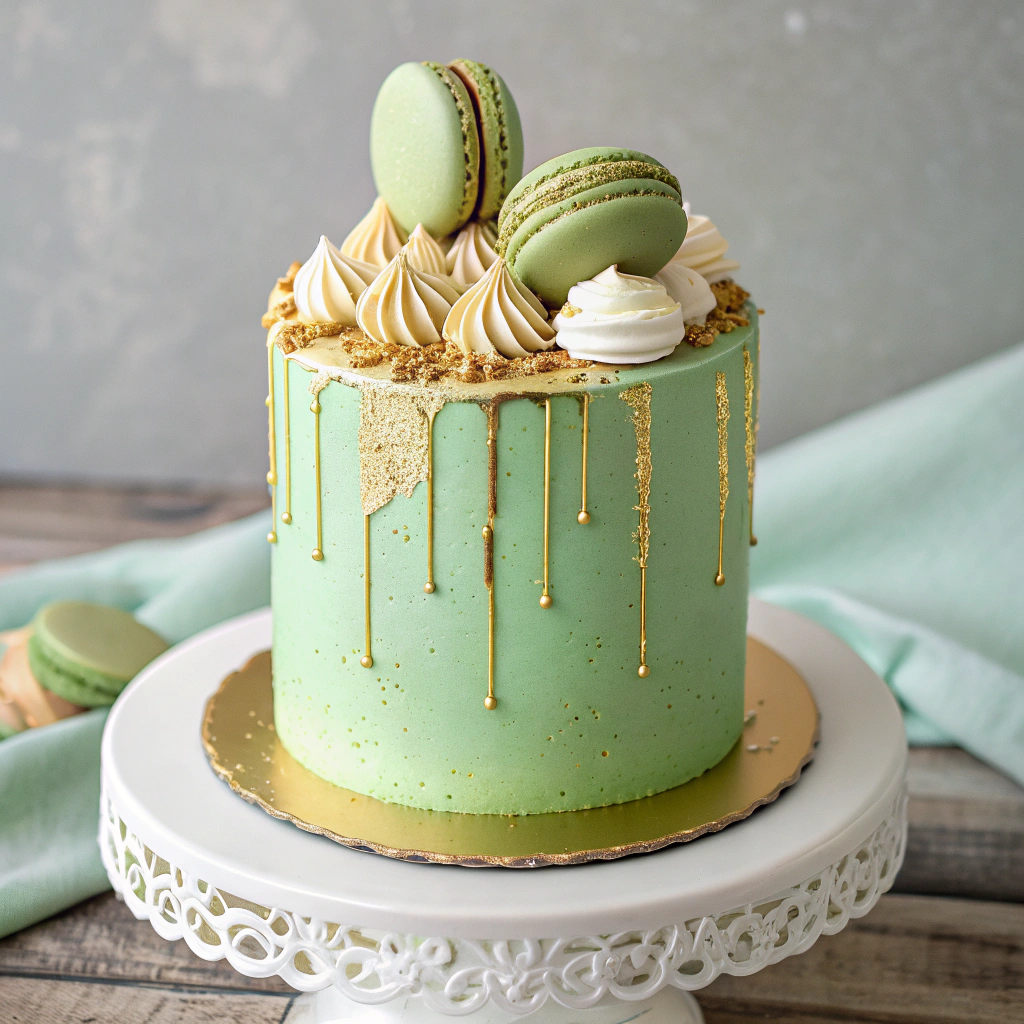 Green buttercream cake with gold drip