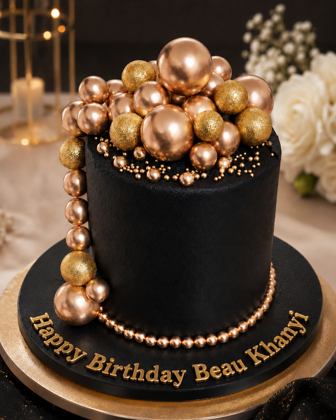 Black and Gold Elegance Cake with custom message