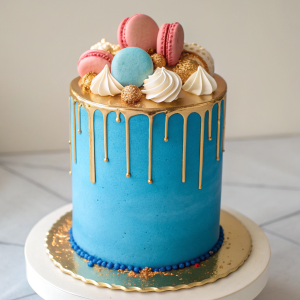 Blue buttercream cake with gold drip, macarons, and meringues – Cape to Cake