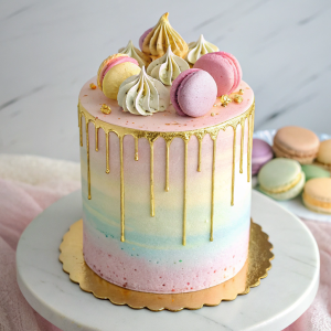 Pastel Rainbow buttercream cake with gold drip, macarons, and meringues – Cape to Cake