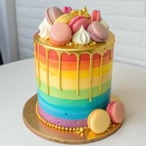 Vibrant rainbow cake with gold ganache drip, macarons, and meringues – Cape to Cake