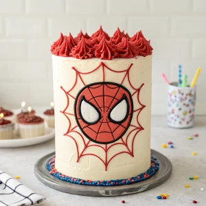 Spiderman-themed buttercream cake with customizable colours and web details
