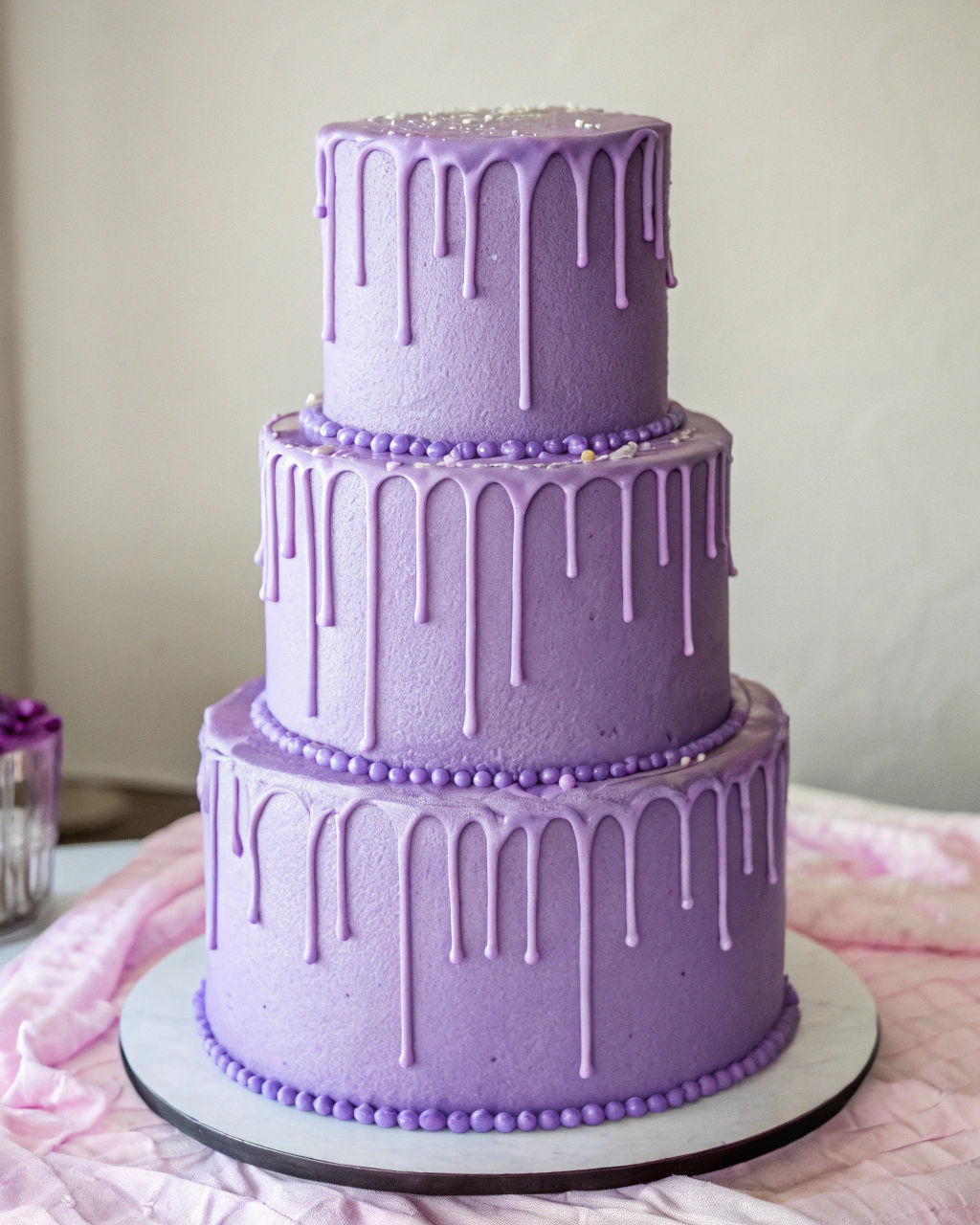 3 Tier Purple Buttercream cake with ganache drip