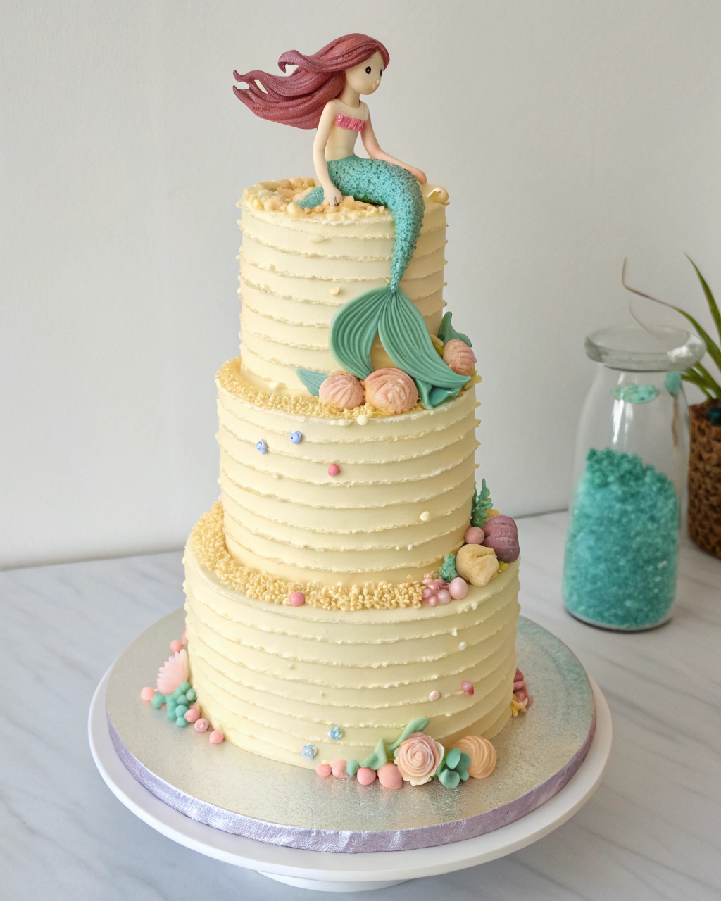 3 Tier cream coloured butterscream cake with fondant mermaid sitting on top