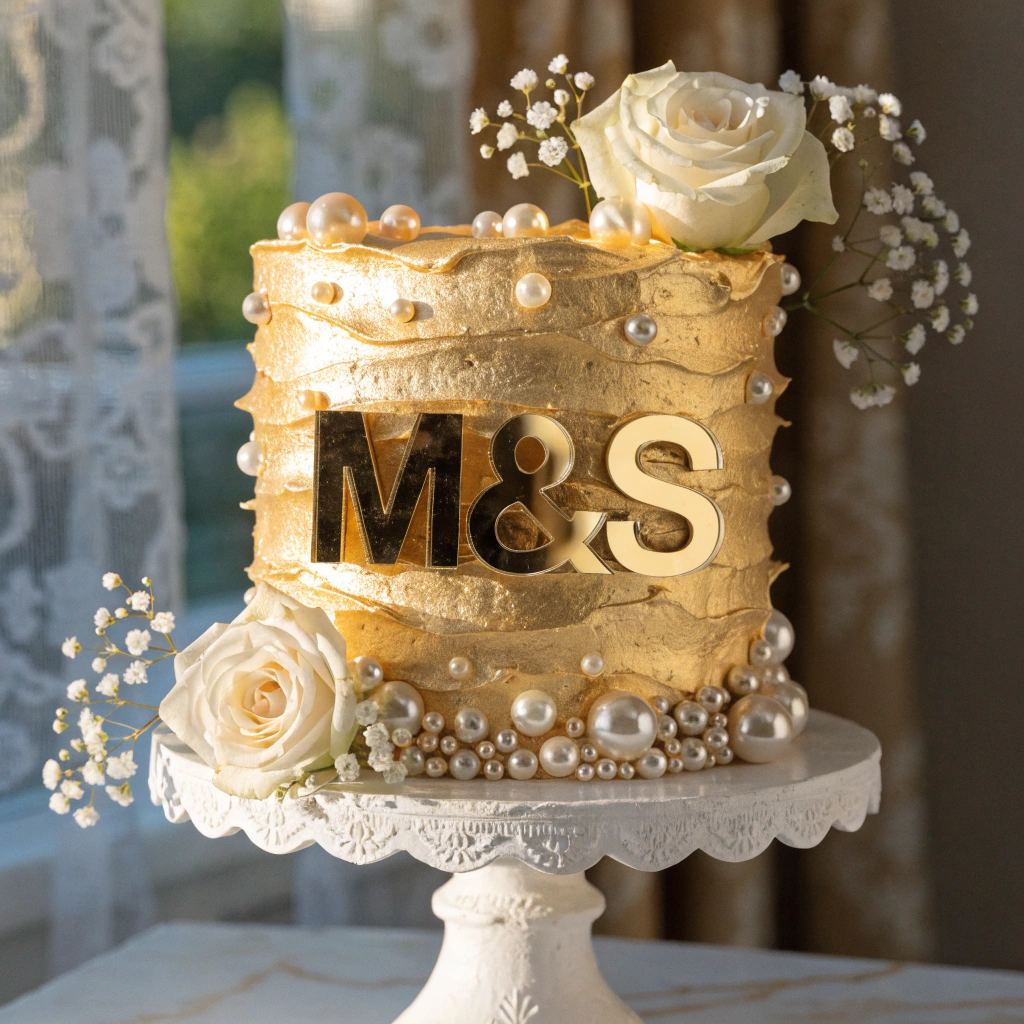 Vanilla Buttercream Wedding cake with Gold Luster Dust and Artificial flowers and pearls
