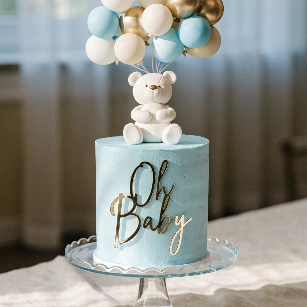 a-tall--elegant-single-tier-celebration-cake-with a teddy bear