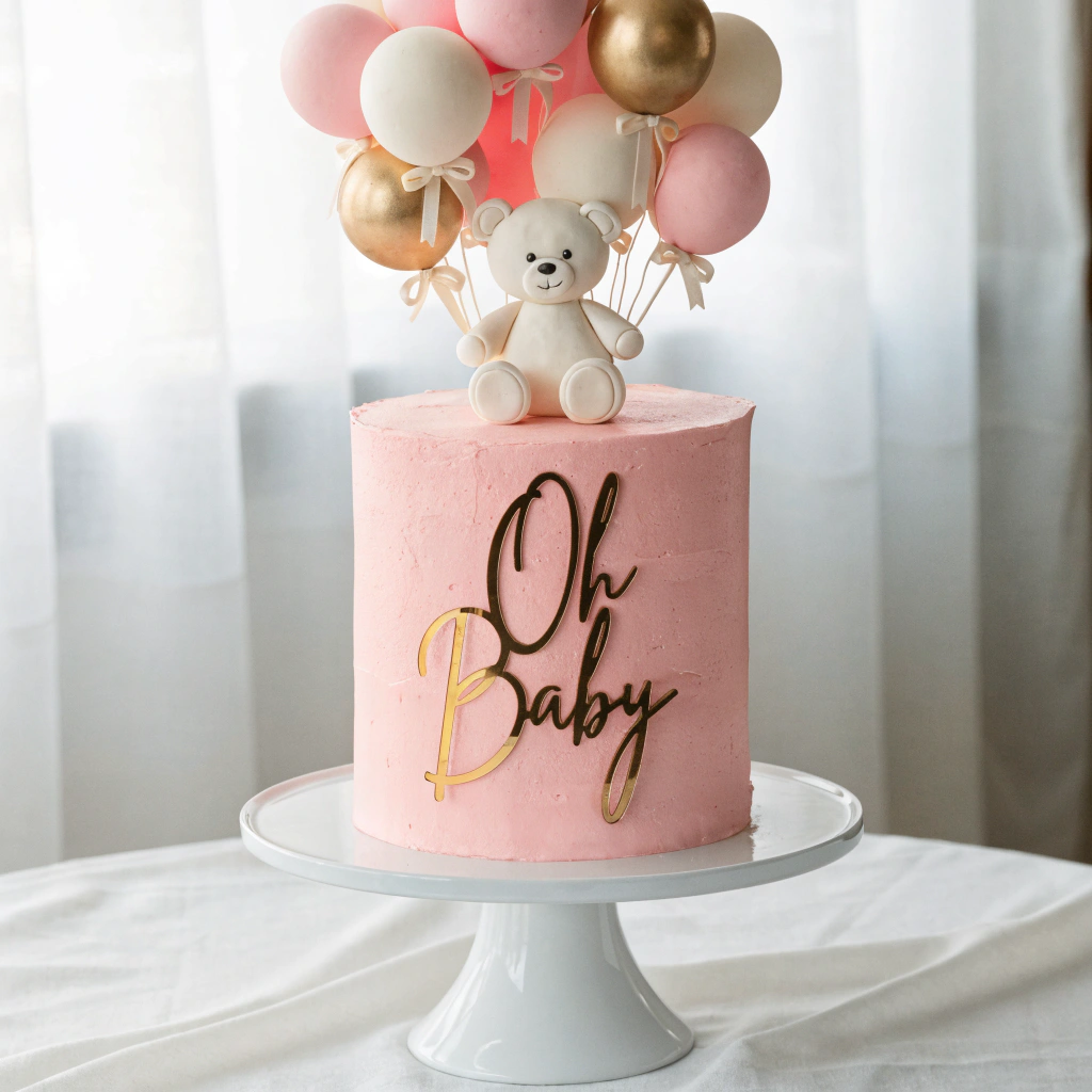 a-tall--elegant-single-tier-celebration-cake-with- teddy bear for a girl