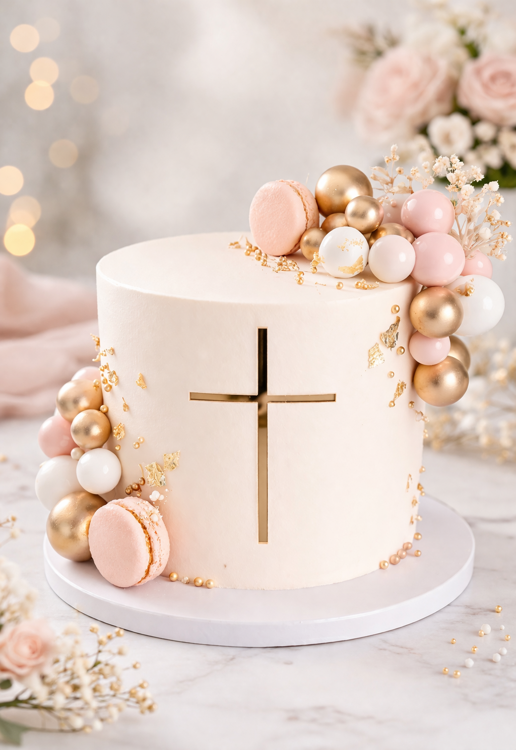baptism-cake-buttercream-macarons-gold-cross-cape-town