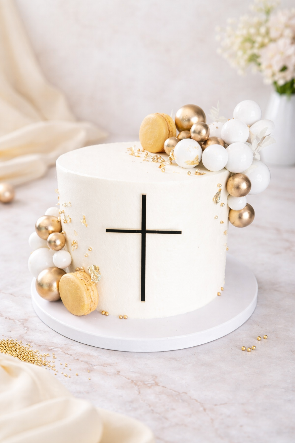 baptism-cake-buttercream-macarons-gold-cross-cape-town