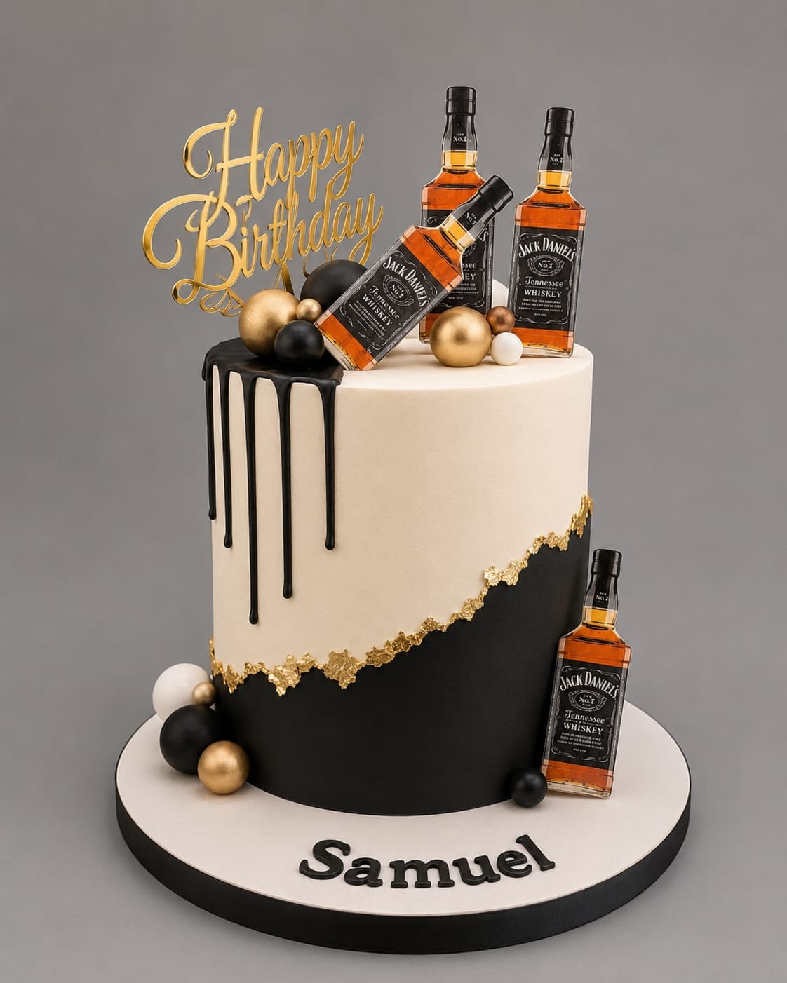 Black and gold whiskey themed birthday cake with bottle decorations