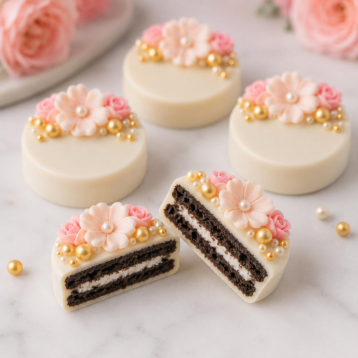 Blush Bloom Chocolate Covered Oreos Cut in Half Cape to Cake