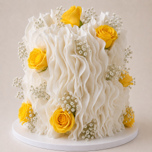 Golden Bloom Wafer Ruffle Cake with yellow roses, white filler flowers and full white wafer paper ruffle detail
