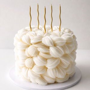 Luxury white candle wafer paper petal statement cake with textured floral wafer paper design on a white cake board