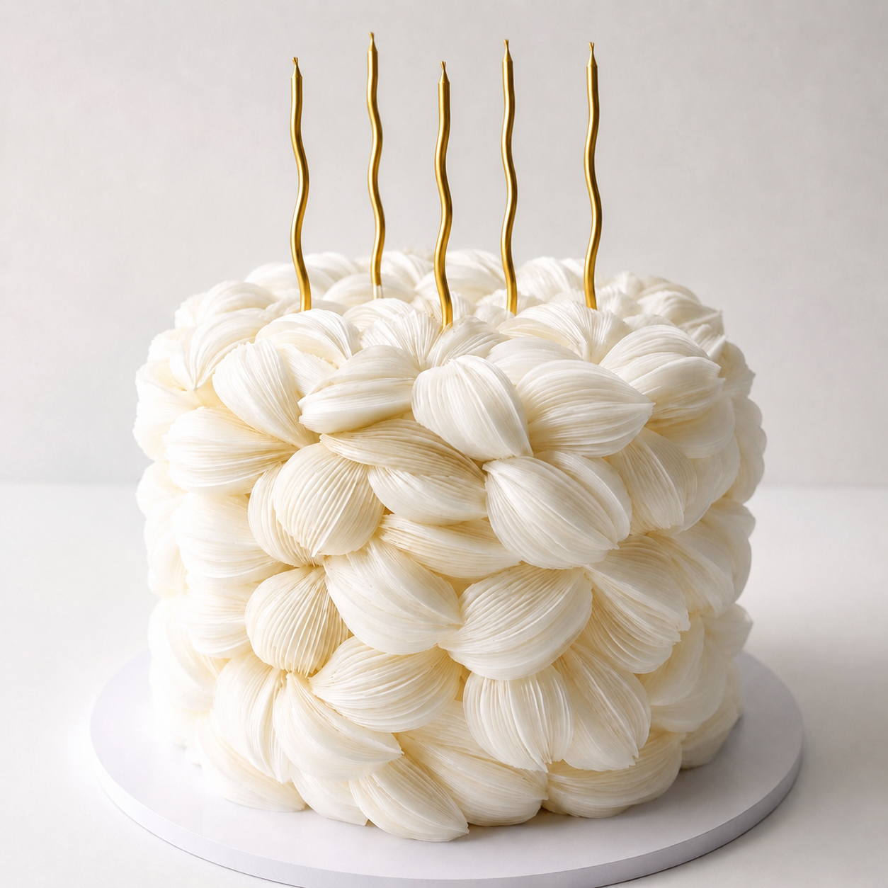 Luxury white candle wafer paper petal statement cake with textured floral wafer paper design on a white cake board