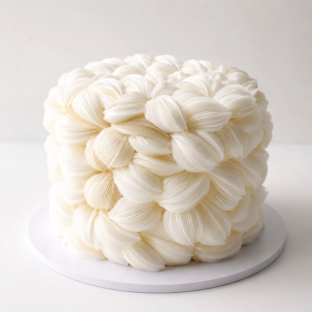 Luxury white wafer paper petal statement cake with textured floral wafer paper design on a white cake board