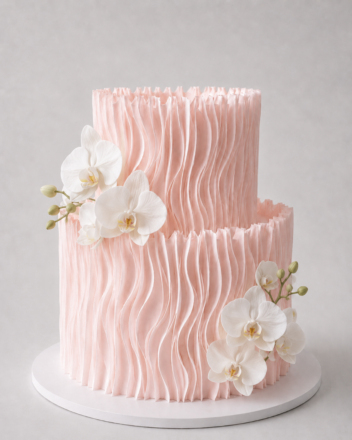 Luxury two-tier pink wafer paper ruffle cake with white orchid flower cluster on a white cake board