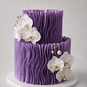 Luxury two-tier purple wafer paper ruffle cake with white orchid flower cluster on a white cake board
