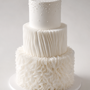 Luxury three-tier white cake with pearl top tier, wafer paper ruffle middle tier, and textured wafer paper bottom tier on a white cake board