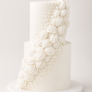 The Petal Cascade Cake, a luxury white statement cake with sculpted petal cascade detailing and delicate pearl-style accents on a white cake board.