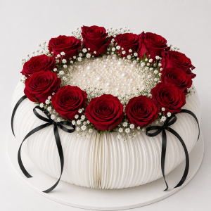 Romantic white cake with fresh red roses, wafer paper side detail, pearl accents and ribbon bow styling