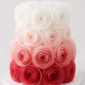 The Rosette Bloom Cake, a luxury two-tier white rosette statement cake with delicate edible floral detailing on a white cake board.