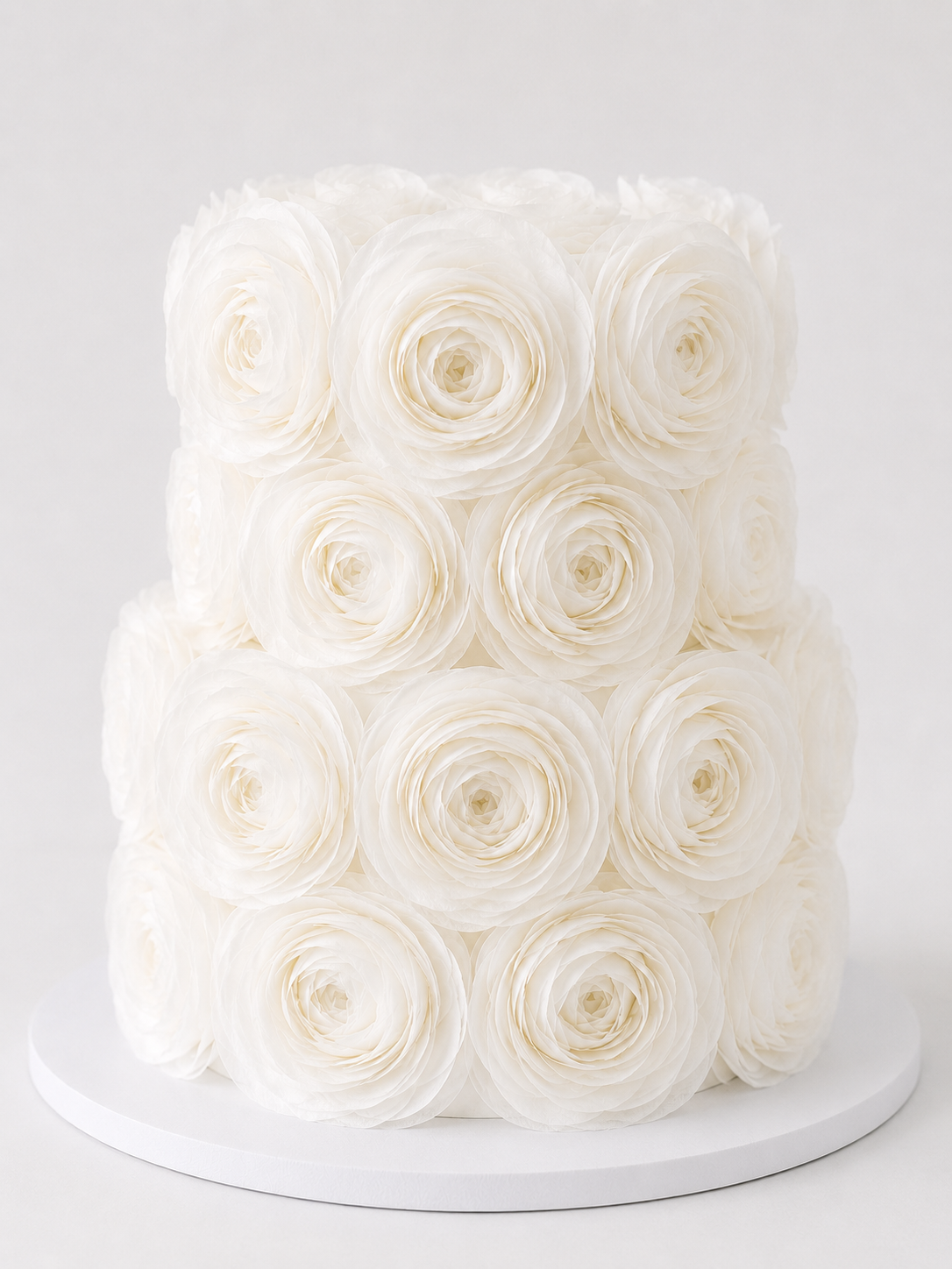 The Rosette Bloom Cake, a luxury two-tier white rosette statement cake with delicate edible floral detailing on a white cake board.