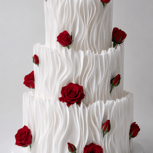 Luxury 3-tier white wafer paper ruffle cake with red and black roses on a white cake board