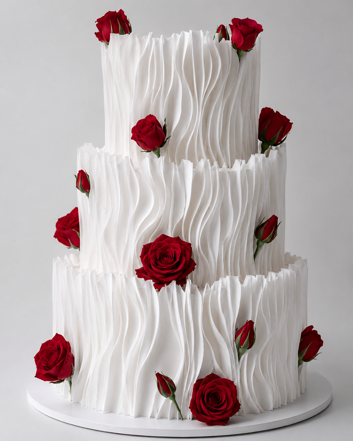 Luxury 3-tier white wafer paper ruffle cake with red and black roses on a white cake board