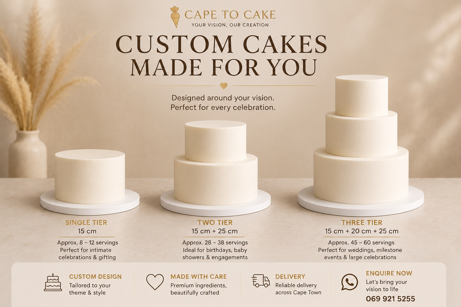 Cape to Cake single-tier, two-tier and three-tier cake comparison