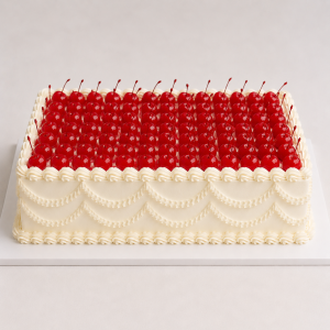 Elegant frosted sheet cake with maraschino cherries