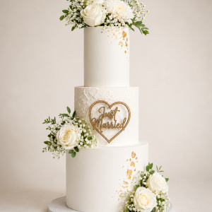 Everlasting Vows three-tier white buttercream wedding cake with gold leaf, textured middle tier, white roses and Just Married heart topper in a clean studio setting.
