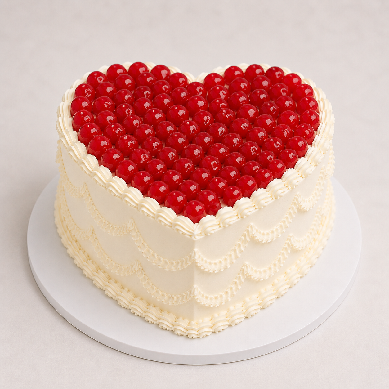 Heart-shaped cake with marashcino cherries