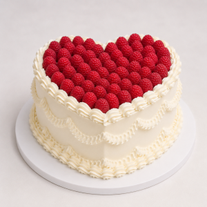 Heart-shaped raspberry cake with piped frosting 20cm