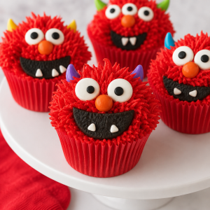 Red fuzzy monster cupcakes