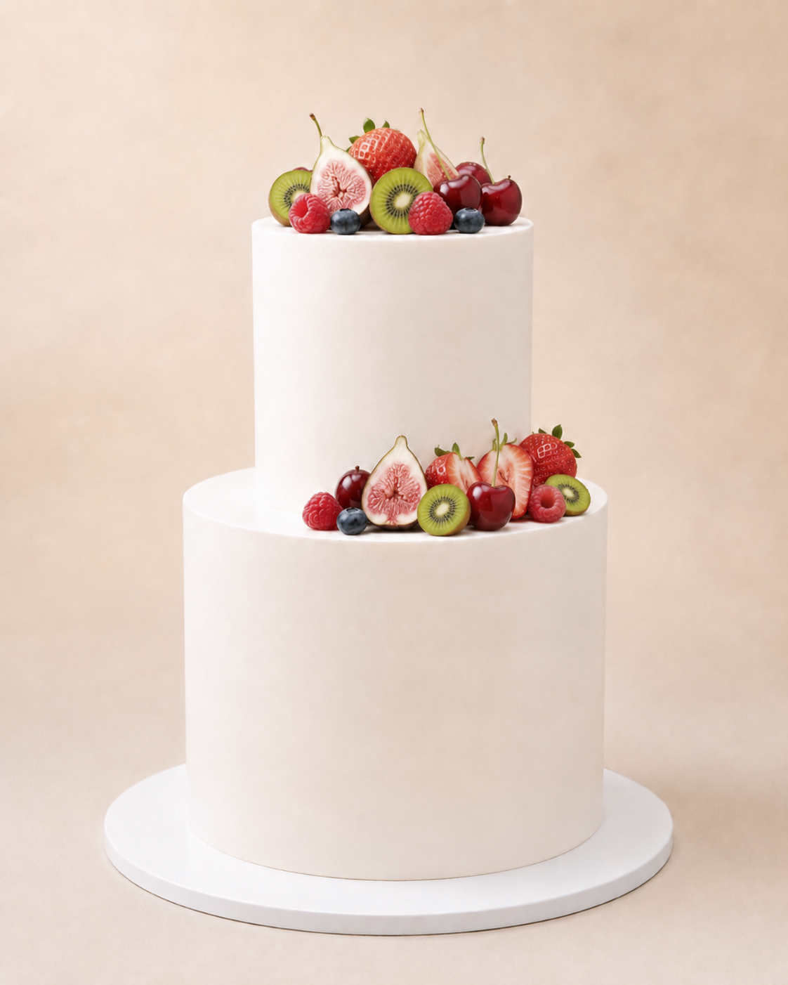Seasonal Fresh Harvest Cake – two-tier white buttercream cake with fresh seasonal fruit on the top tier, middle tier and larger cake board