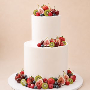 Seasonal Fresh Harvest Cake – two-tier white buttercream cake decorated with fresh seasonal fruit on the top tier, middle tier and cake board