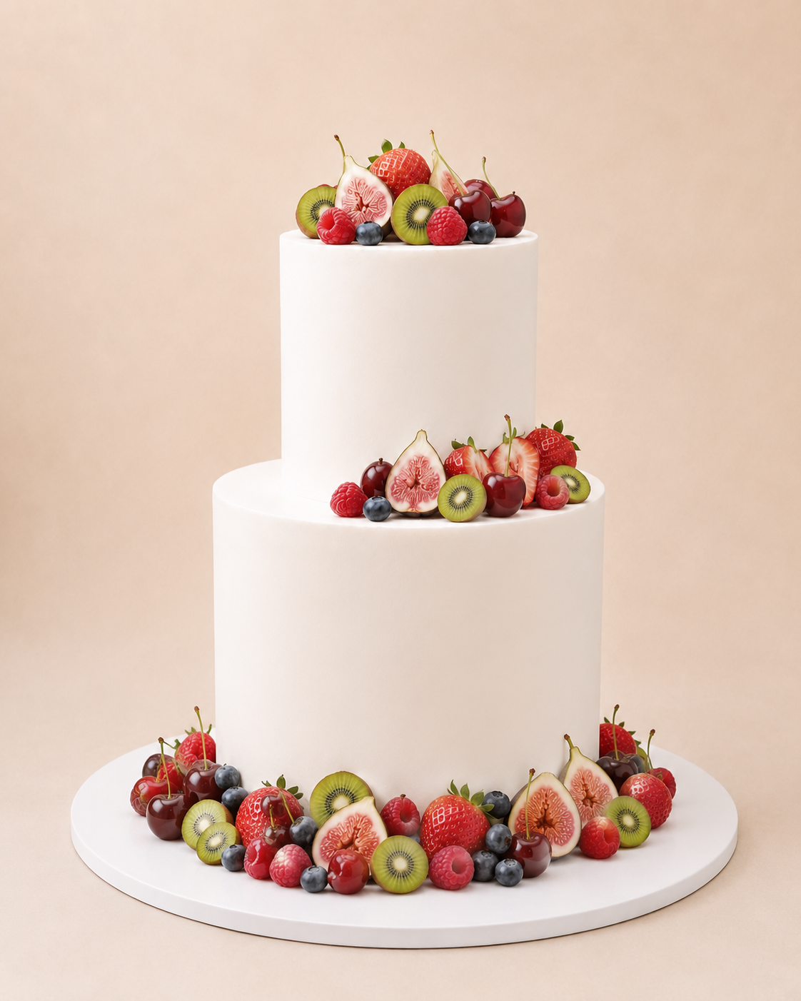 Seasonal Fresh Harvest Cake – two-tier white buttercream cake decorated with fresh seasonal fruit on the top tier, middle tier and cake board